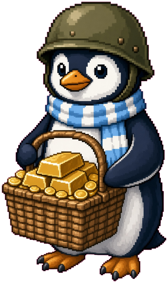 Five penguins holding baskets of gold