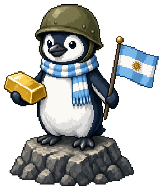 Penguin with an M1 helmet, sky-blue scarf and a gold bar